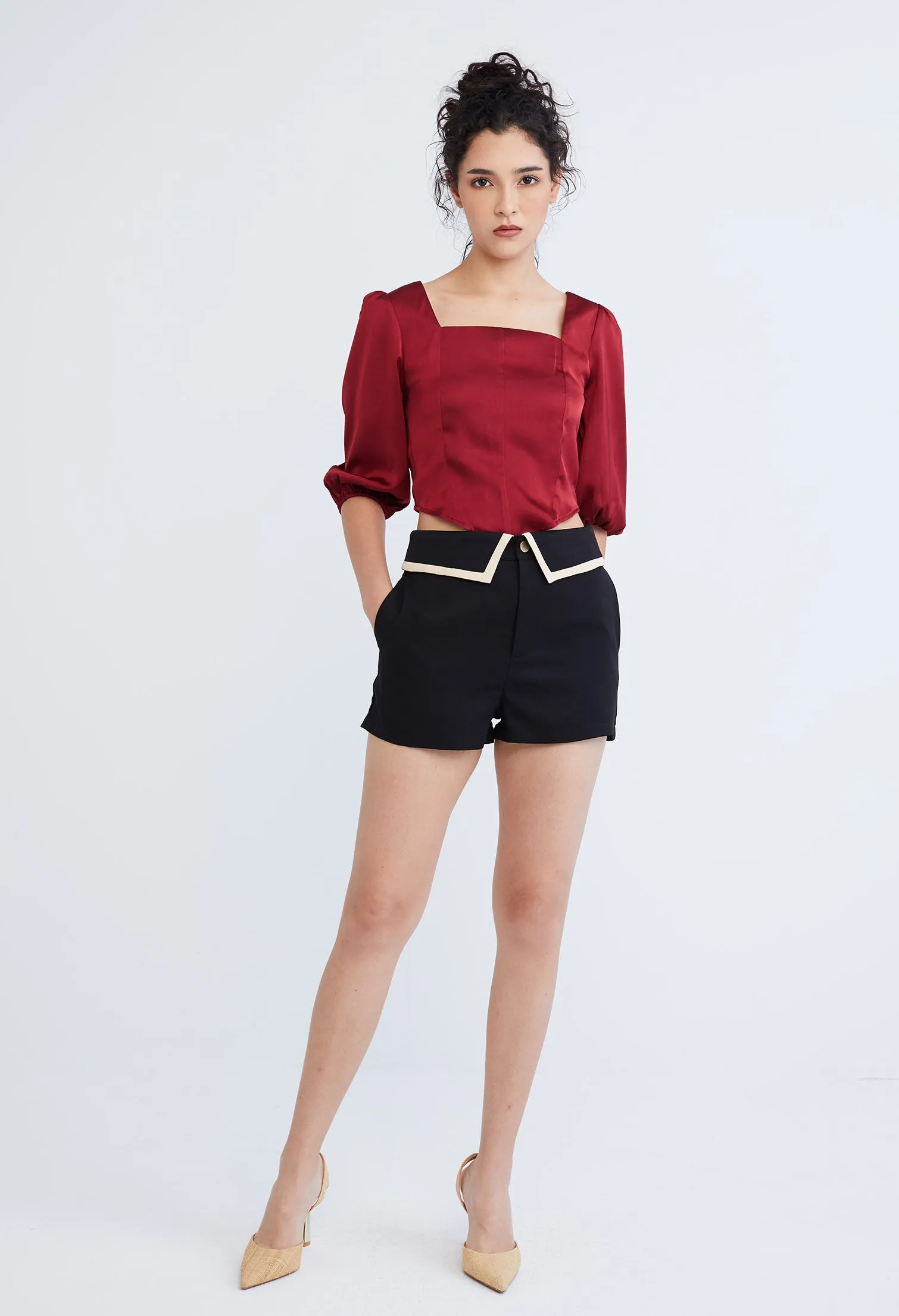 Preppy Princess Foldover Contrast Seam Shorts