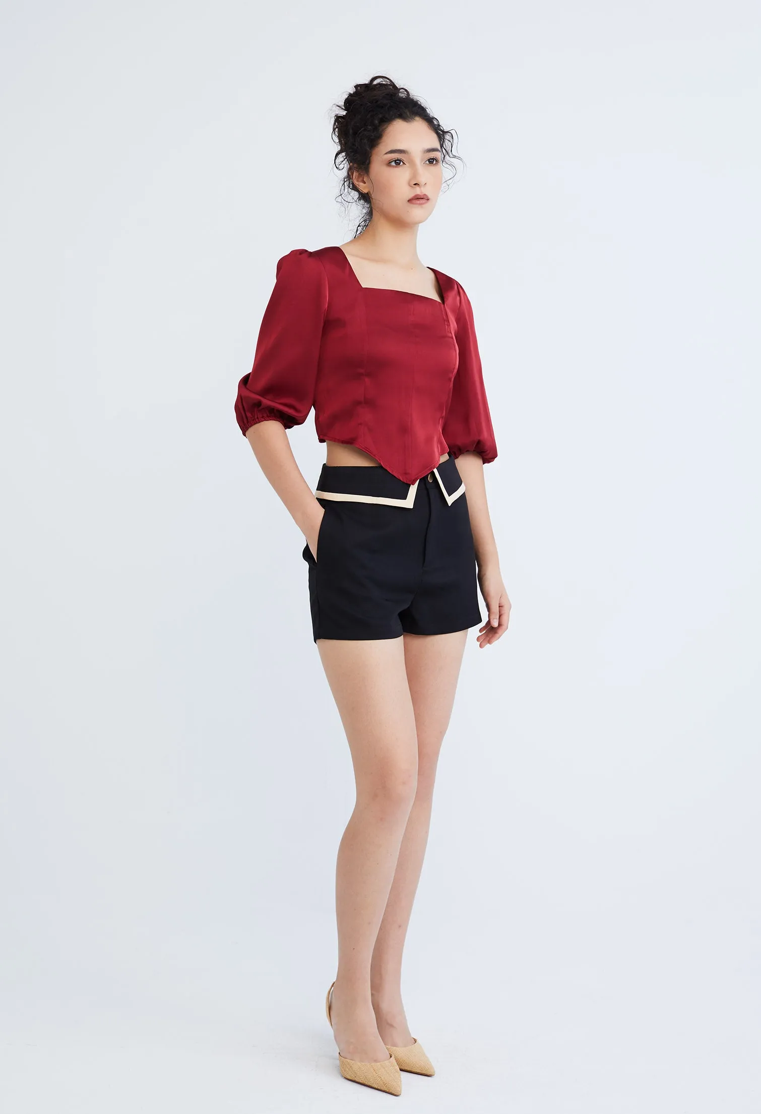 Preppy Princess Foldover Contrast Seam Shorts