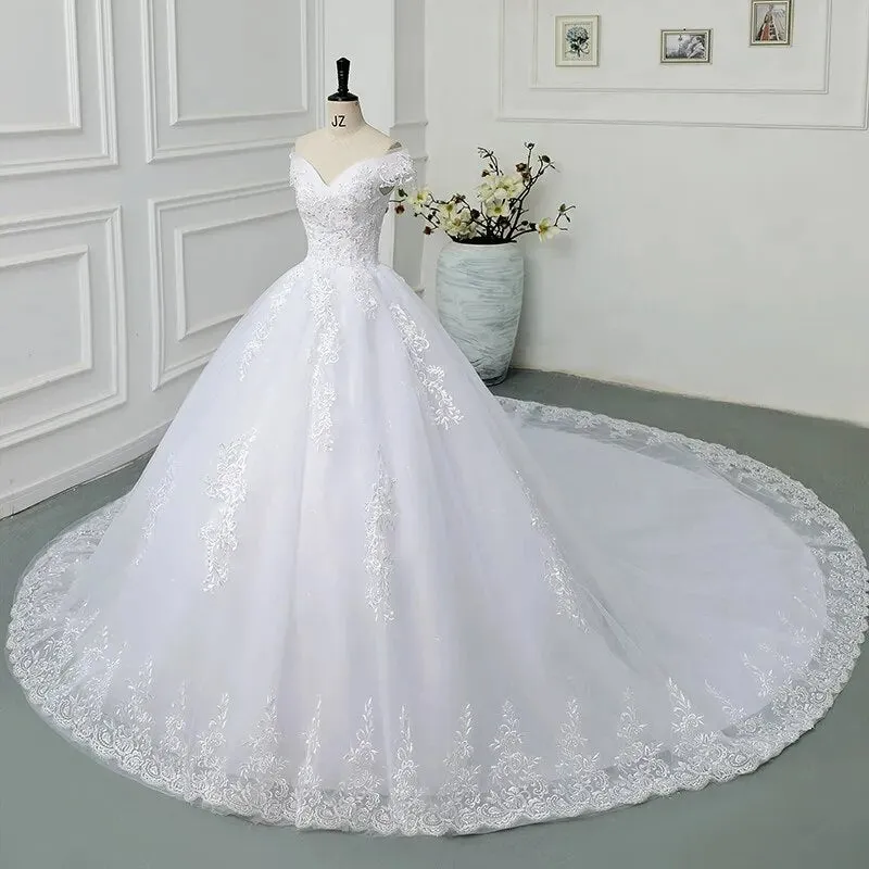 Pretty Off The Shoulder Lace Wedding Dress Wedding Gown Vintage Appliques