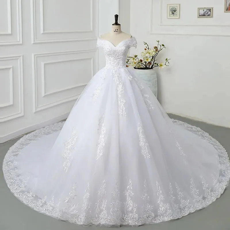 Pretty Off The Shoulder Lace Wedding Dress Wedding Gown Vintage Appliques