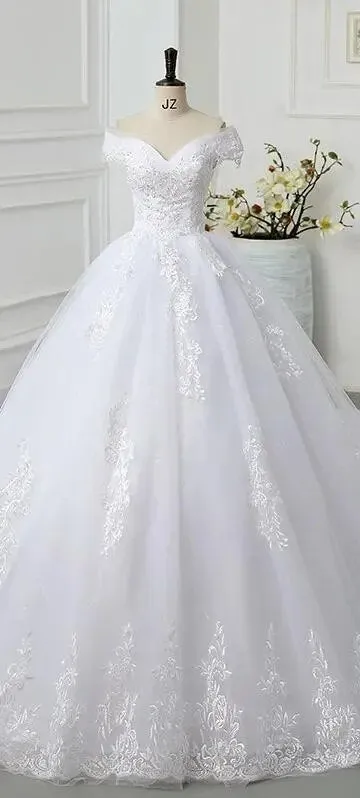 Pretty Off The Shoulder Lace Wedding Dress Wedding Gown Vintage Appliques