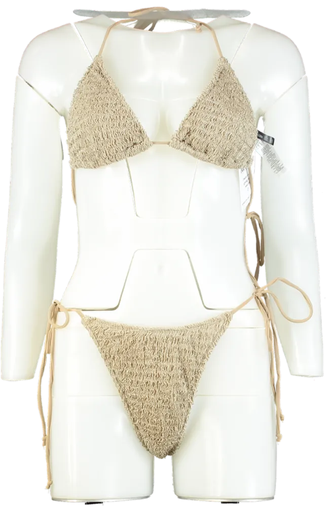 PrettyLittleThing Beige Crinkle Bikini Set UK 10