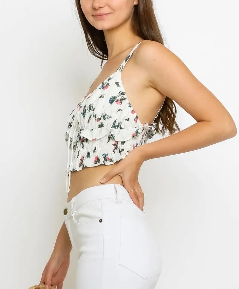 Print Smocked Ruched Peasant Crop Top