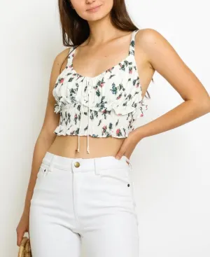 Print Smocked Ruched Peasant Crop Top