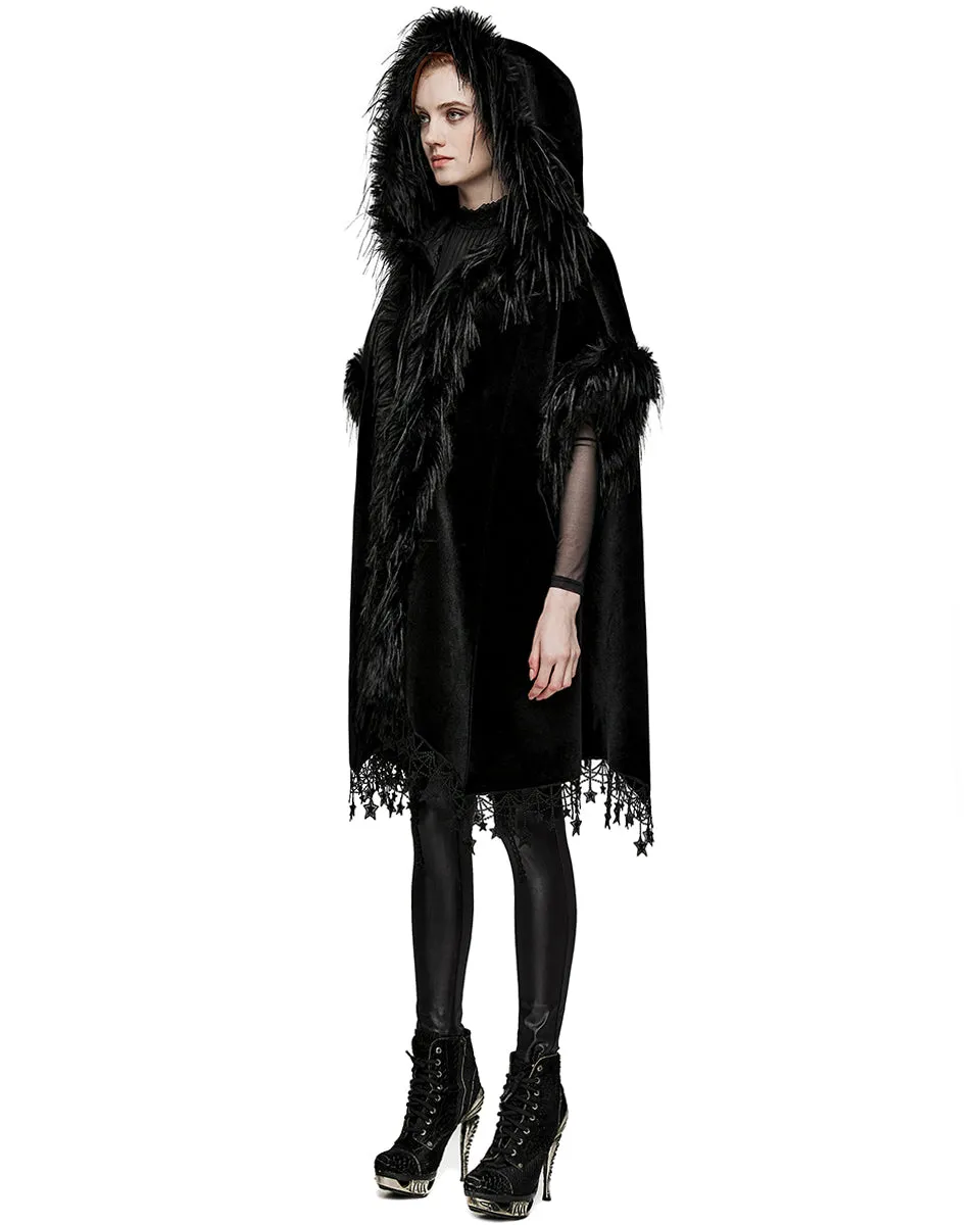 Punk Rave Womens Dark Bohemian Gothic & Faux Fur Hooded Cloak Cape