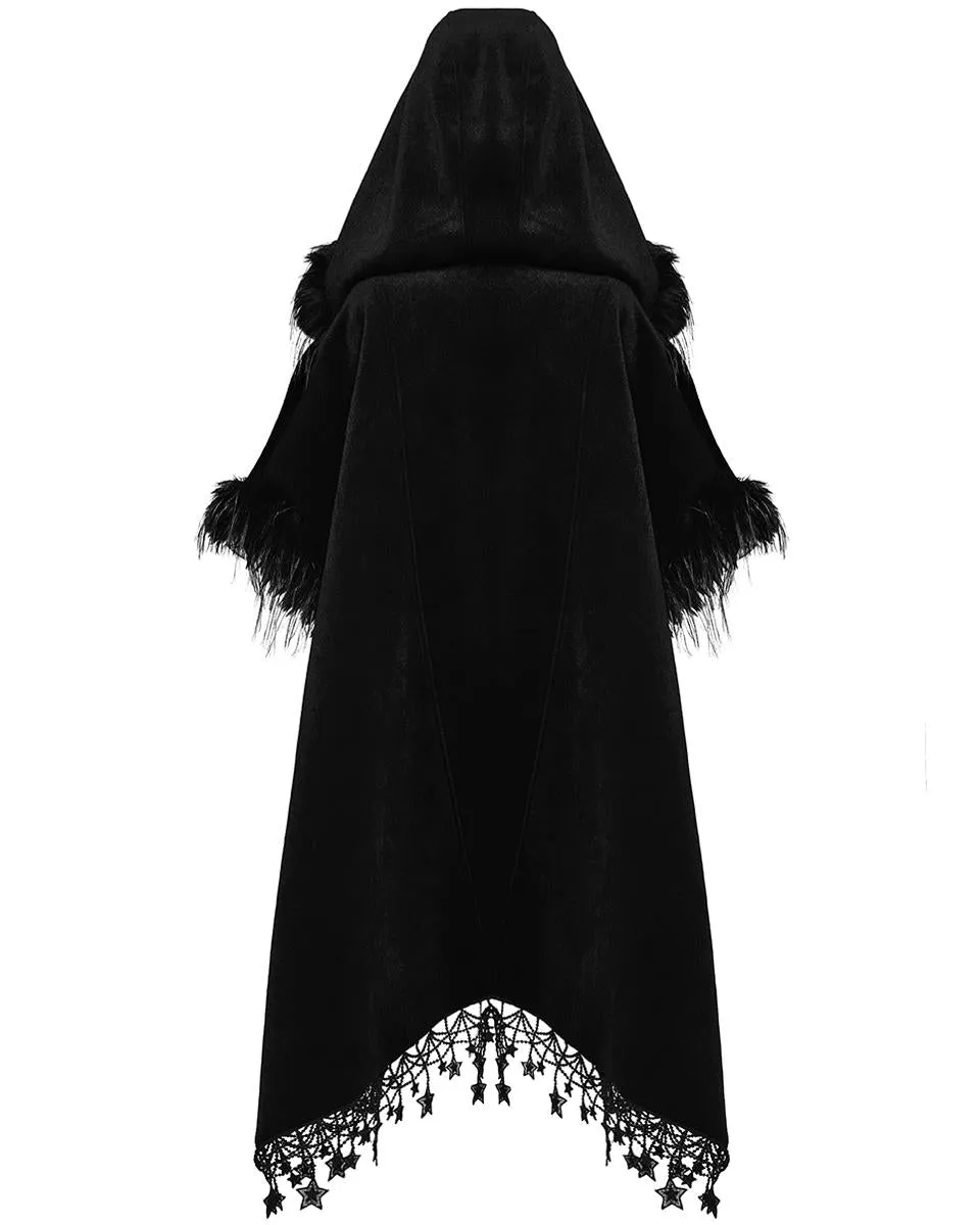 Punk Rave Womens Dark Bohemian Gothic & Faux Fur Hooded Cloak Cape