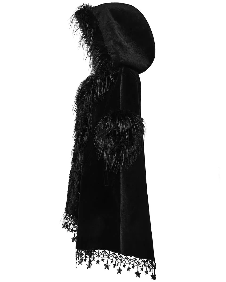 Punk Rave Womens Dark Bohemian Gothic & Faux Fur Hooded Cloak Cape