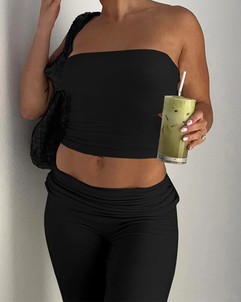 Pure Color Accent Bell-Bottoms Slimming Suit