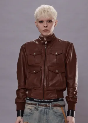 R13 Shrunken Zip-Up Leather Jacket in Brown