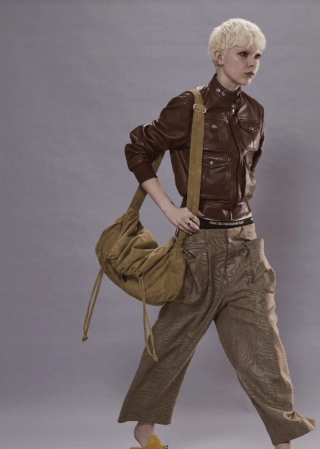 R13 Shrunken Zip-Up Leather Jacket in Brown
