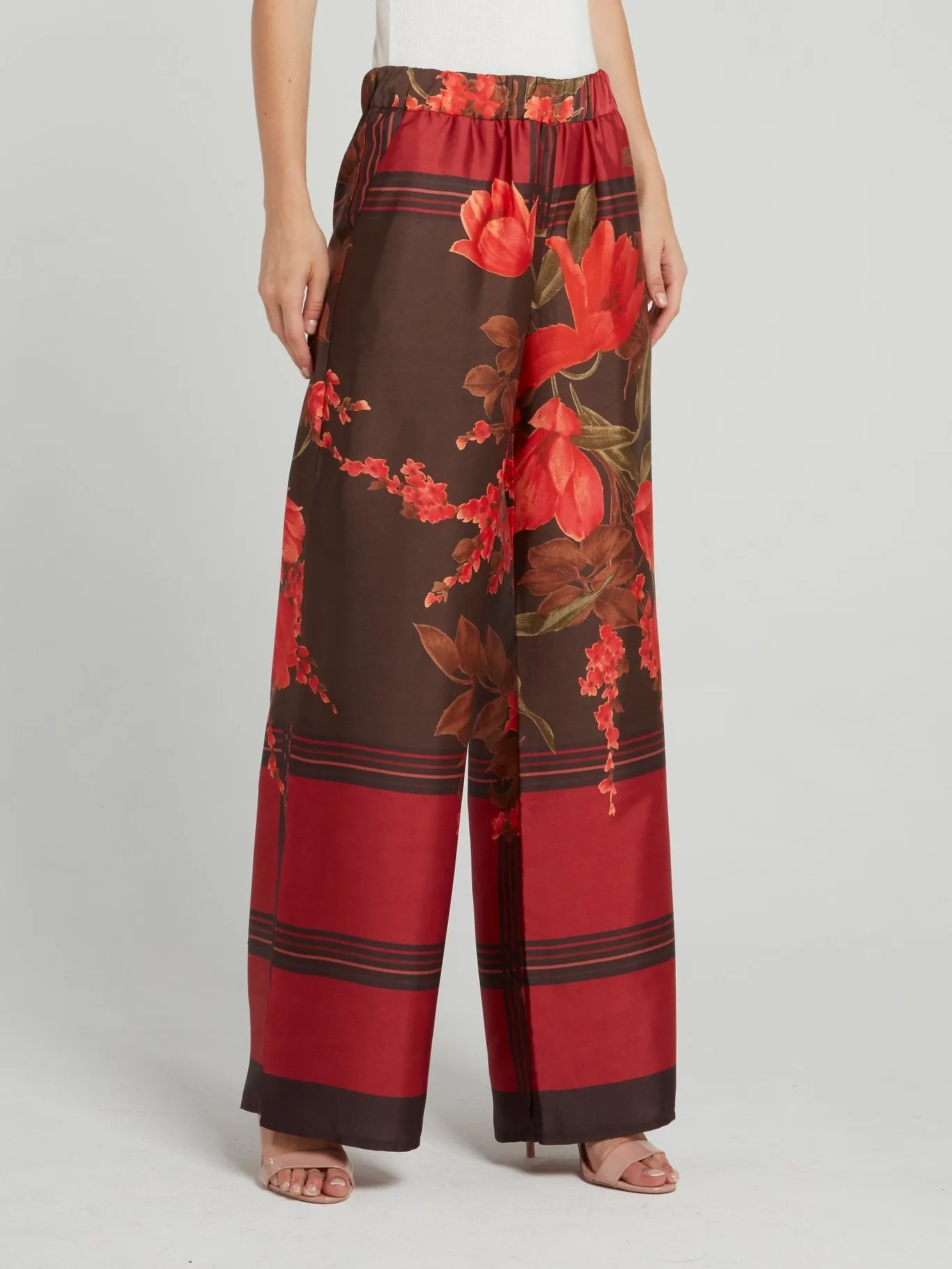 Red Check Floral Wide Leg Pants