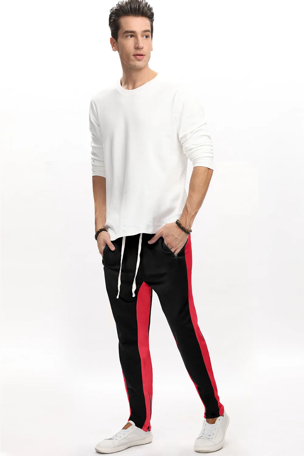 Red Colorblock Patchwork Zipper Casual Mens Joggers