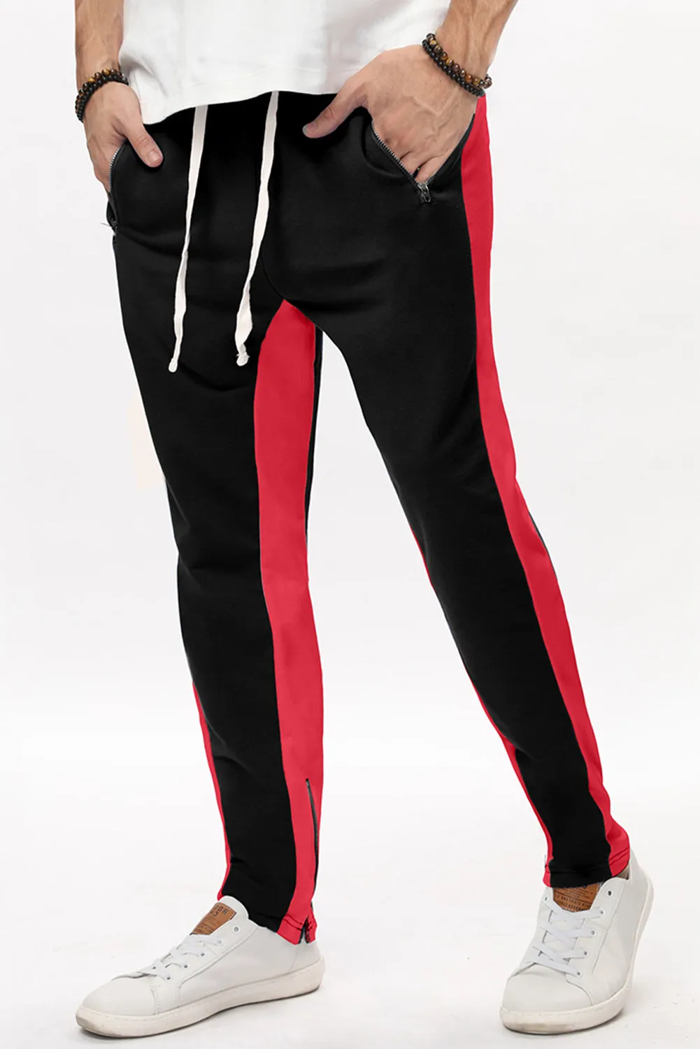 Red Colorblock Patchwork Zipper Casual Mens Joggers