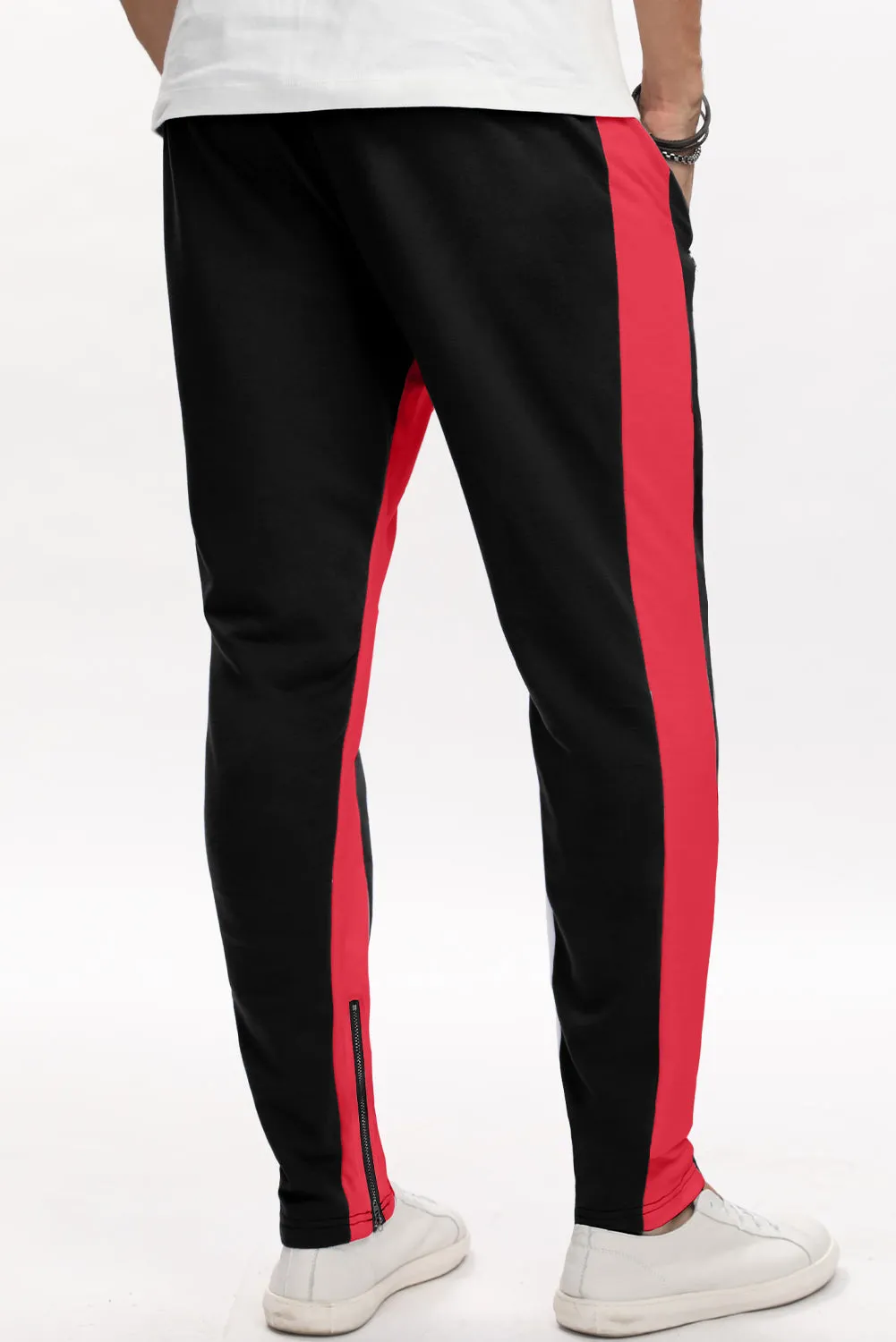 Red Colorblock Patchwork Zipper Casual Mens Joggers