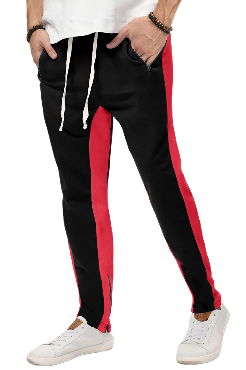 Red Colorblock Patchwork Zipper Casual Mens Joggers