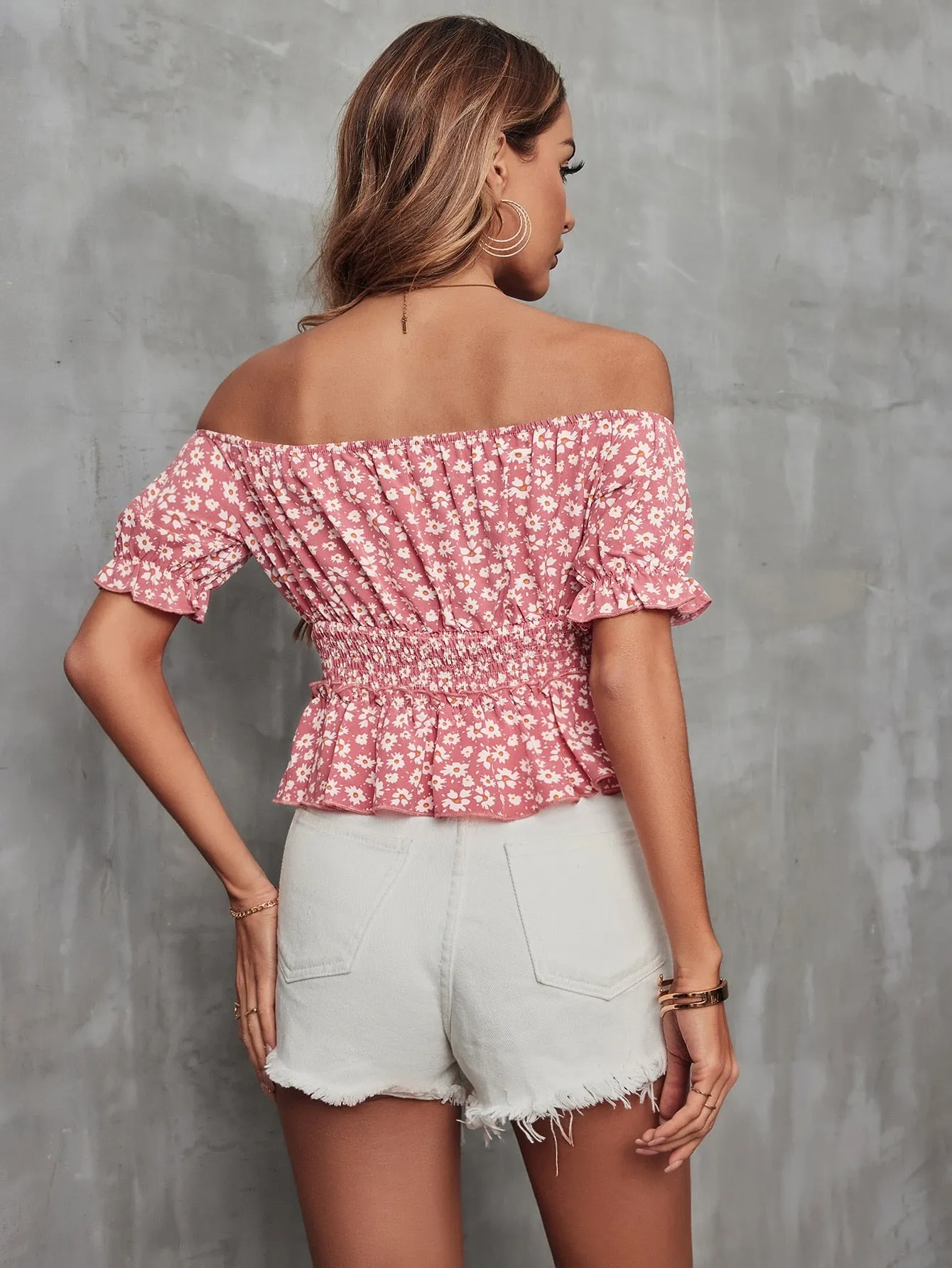 Red Ditsy Print Off Shoulder Top