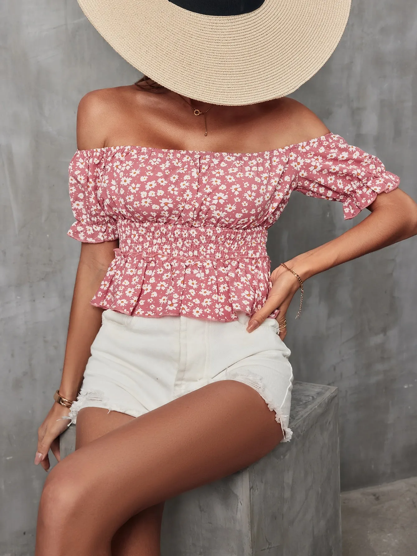 Red Ditsy Print Off Shoulder Top
