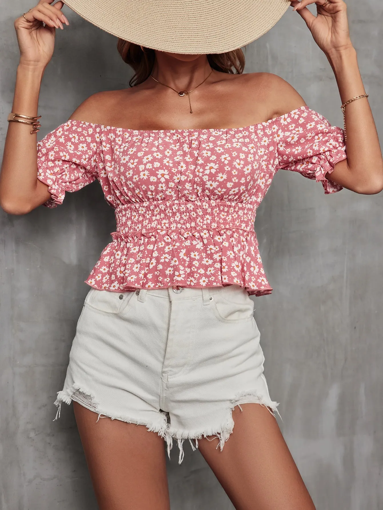 Red Ditsy Print Off Shoulder Top