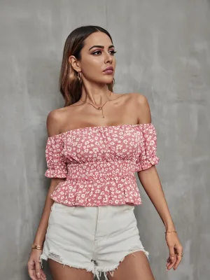 Red Ditsy Print Off Shoulder Top