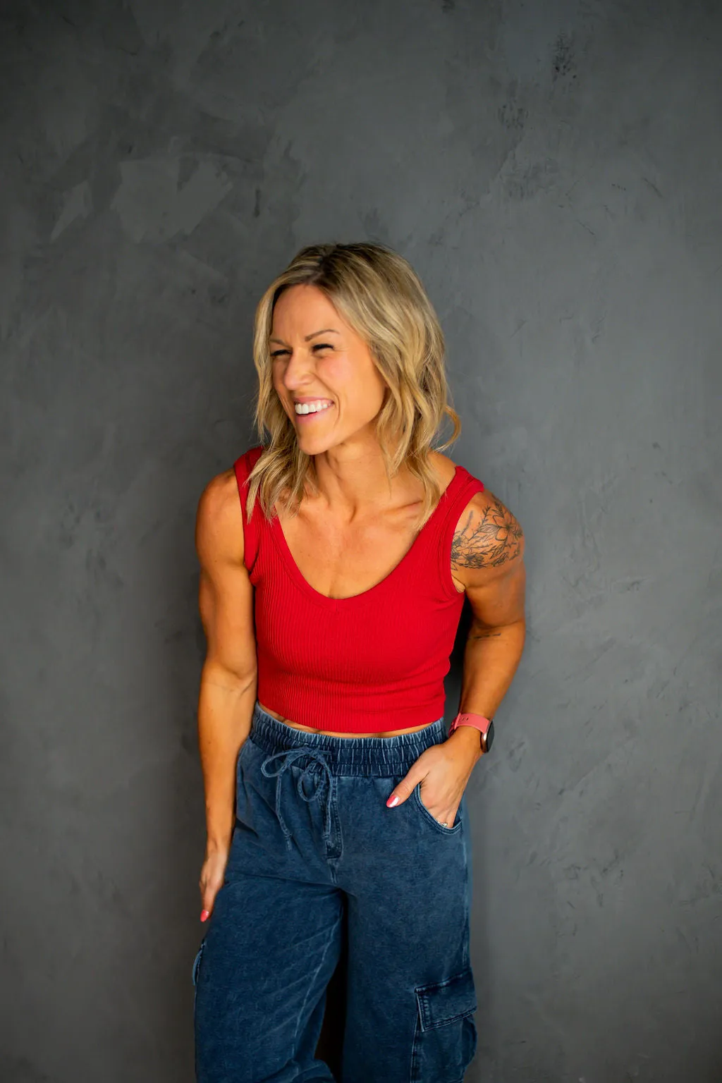 Red Ribbed Seamless Cropped Tank Top