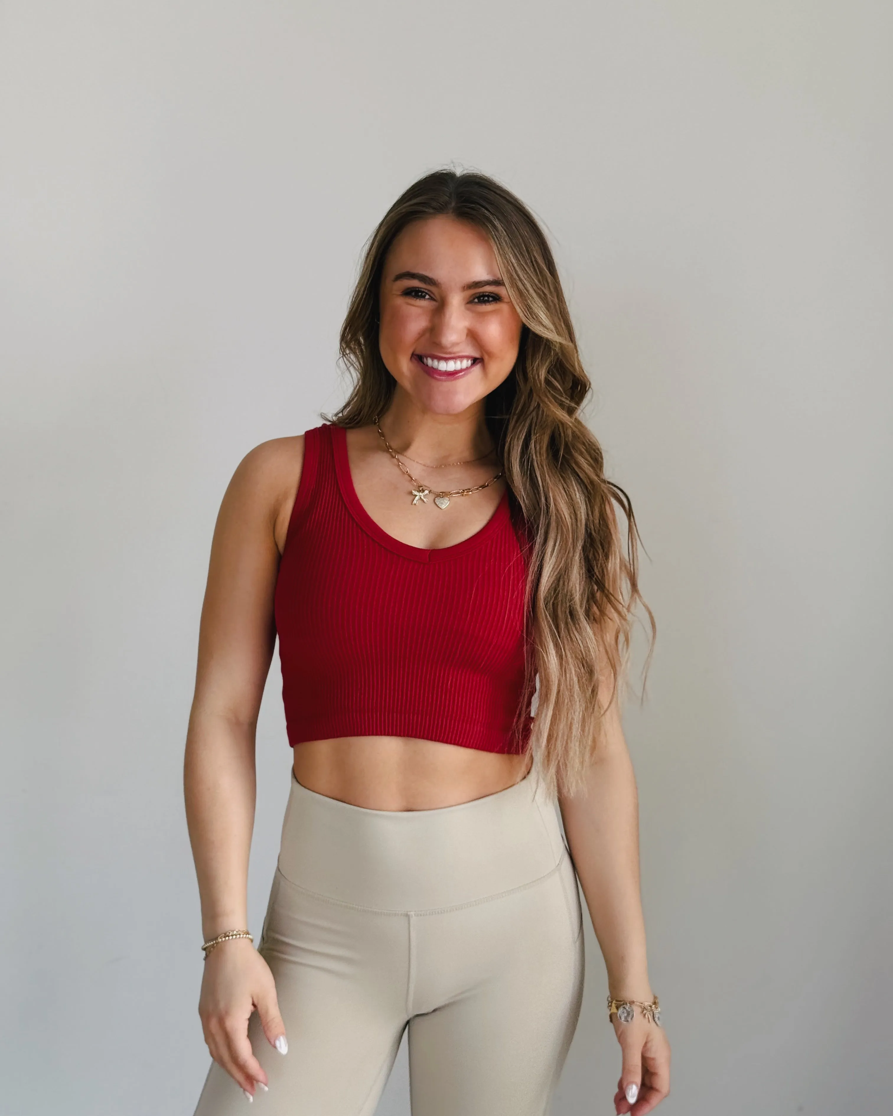 Red Ribbed Seamless Cropped Tank Top