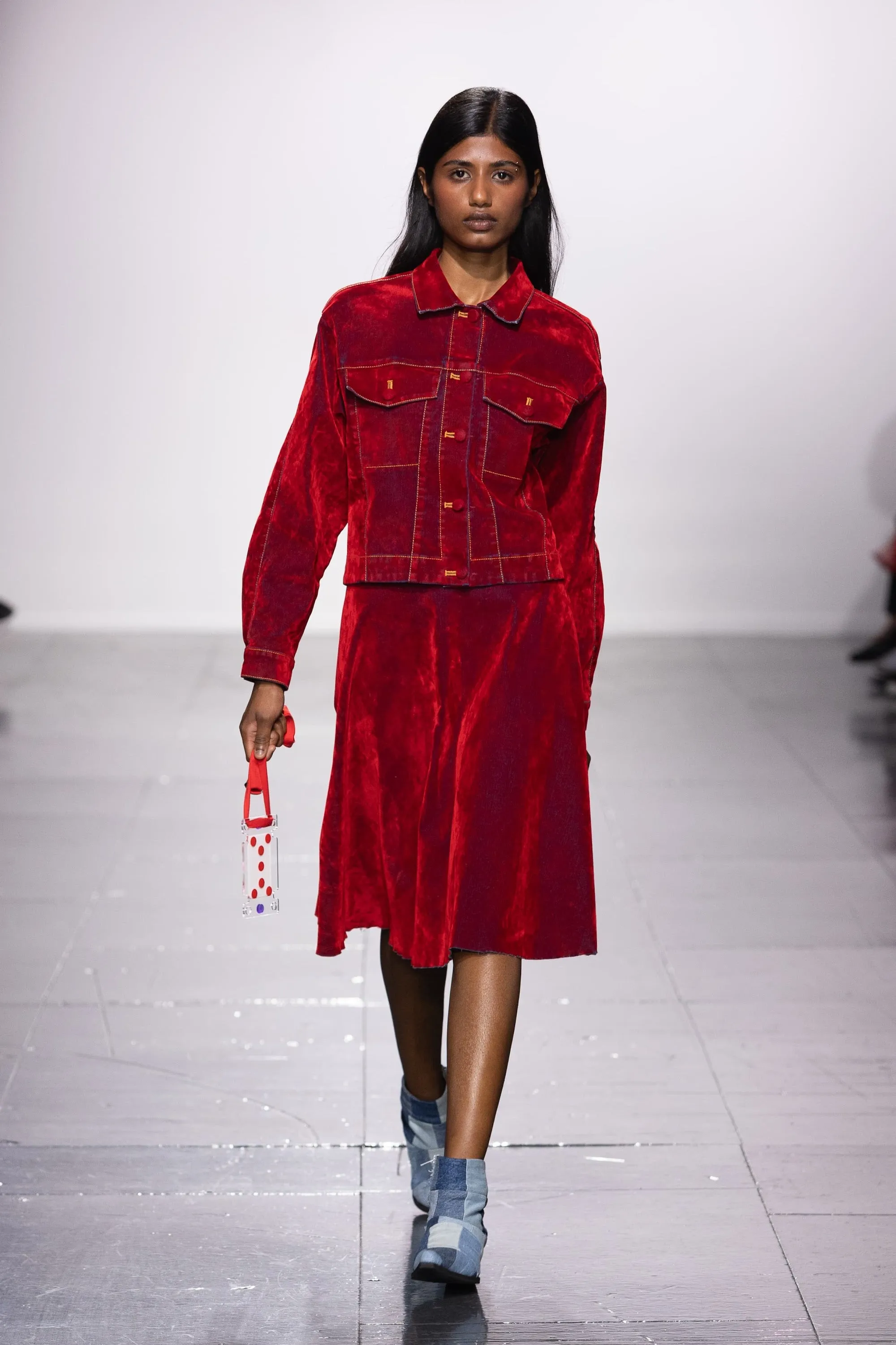 Red Velours Skirt with Denim Back Part