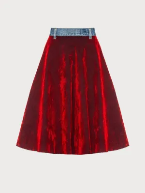 Red Velours Skirt with Denim Back Part