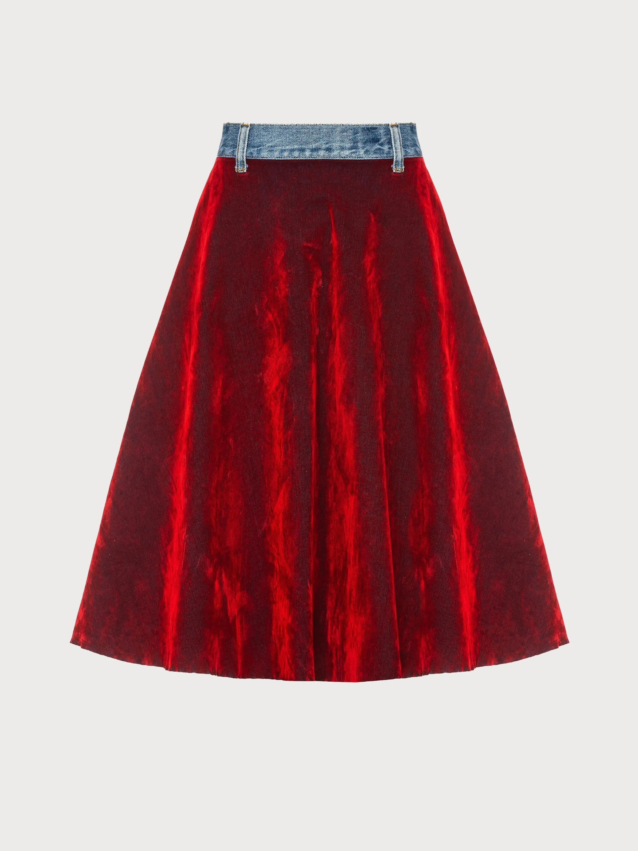 Red Velours Skirt with Denim Back Part