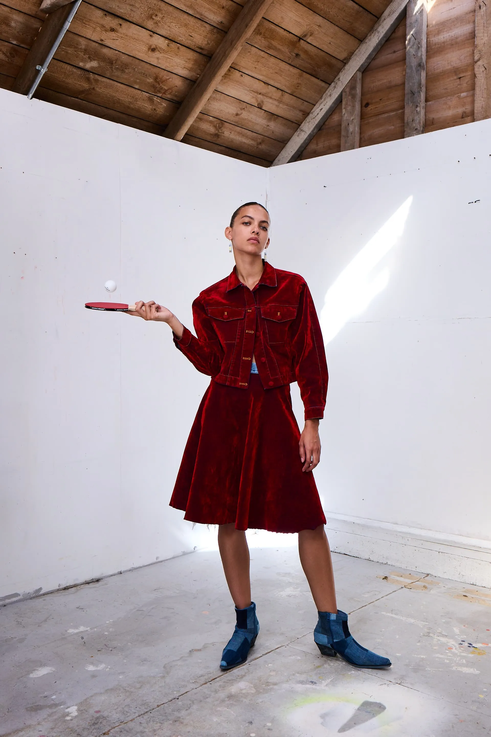 Red Velours Skirt with Denim Back Part