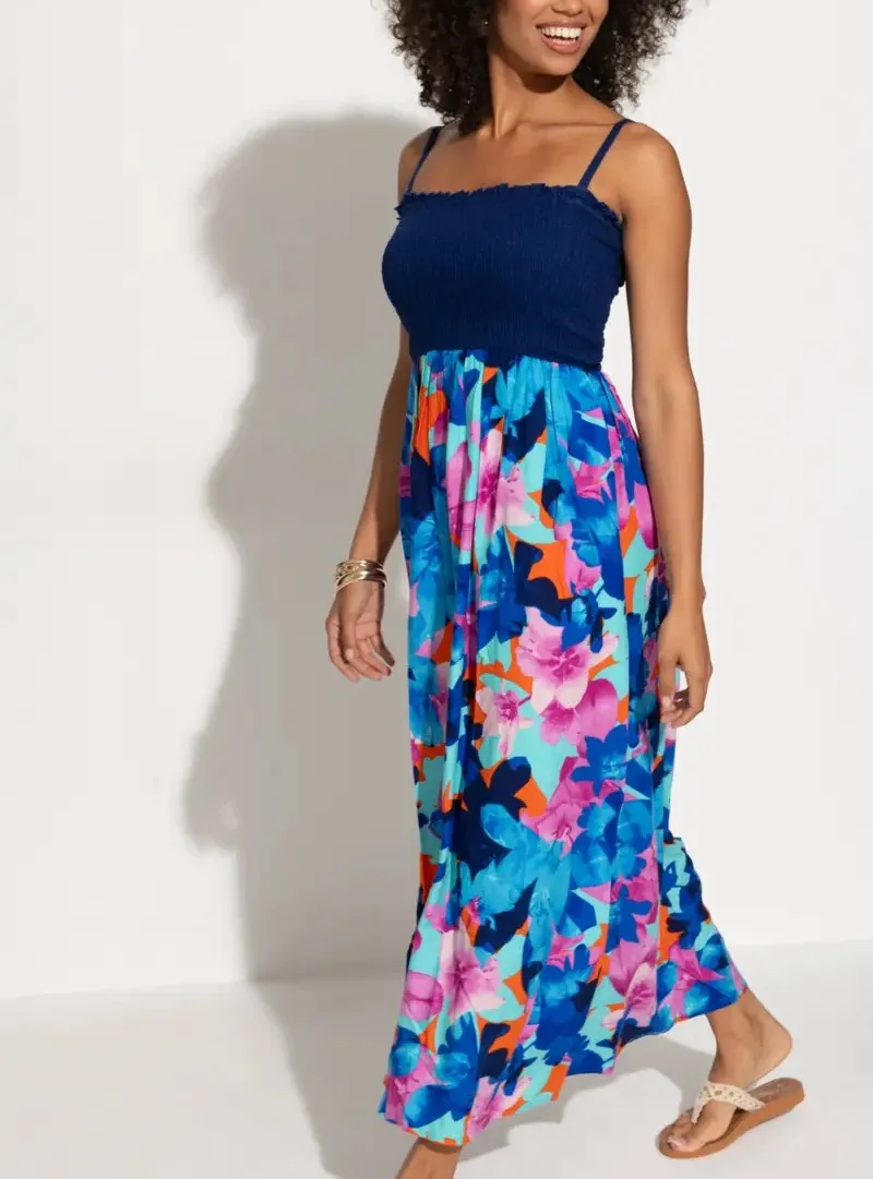 Removable Straps Shirred Bodice Maxi Dress In Aqua Floral - Pour Moi