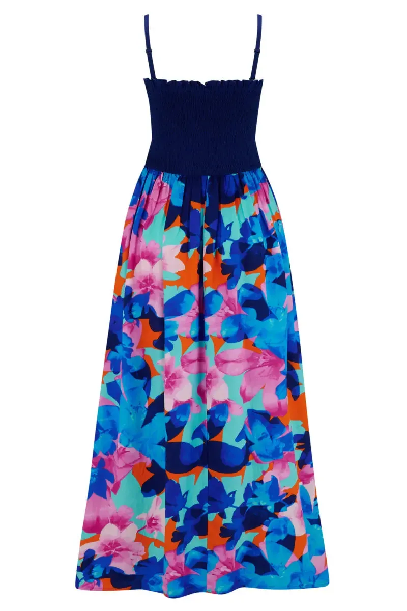 Removable Straps Shirred Bodice Maxi Dress In Aqua Floral - Pour Moi