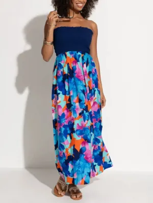 Removable Straps Shirred Bodice Maxi Dress In Aqua Floral - Pour Moi