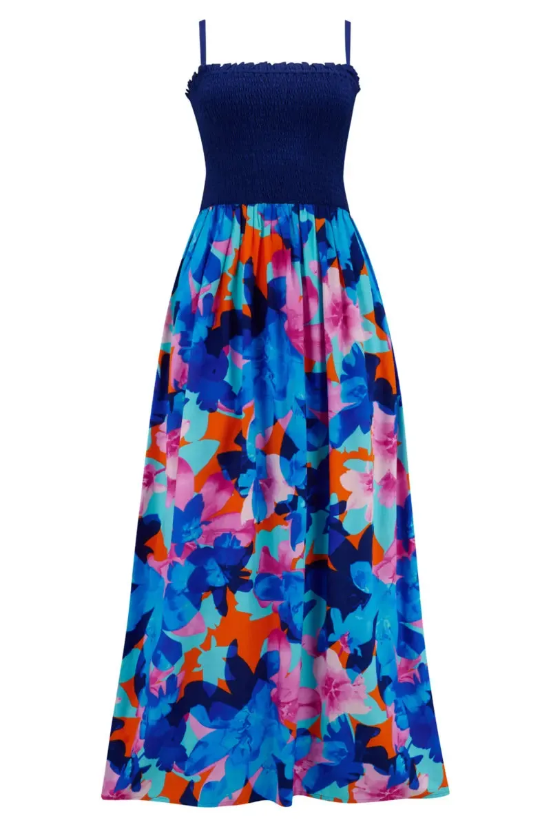 Removable Straps Shirred Bodice Maxi Dress In Aqua Floral - Pour Moi
