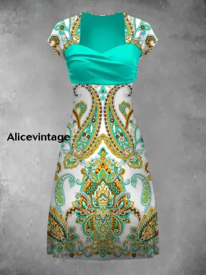 Retro Bohemian Style Art Print Elegant Chic Short-Sleeved Temperament Dress