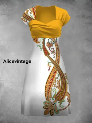 Retro Bohemian Style Art Print Elegant Chic Short-Sleeved Temperament Dress