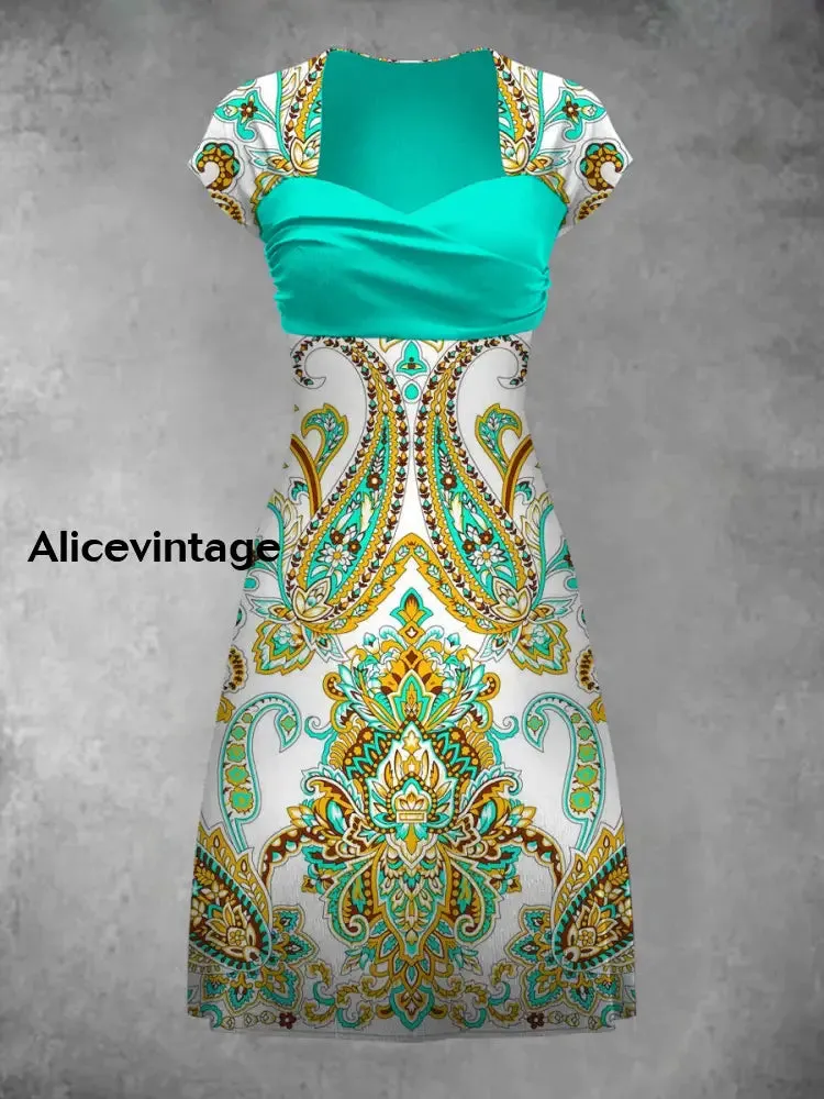 Retro Bohemian Style Art Print Elegant Chic Short-Sleeved Temperament Dress