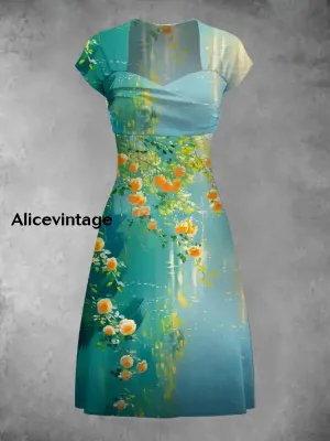 Retro Bohemian Style Art Print Elegant Chic Short-Sleeved Temperament Dress