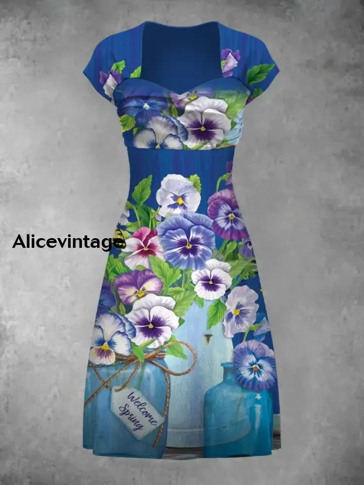 Retro Bohemian Style Art Print Elegant Chic Short-Sleeved Temperament Dress