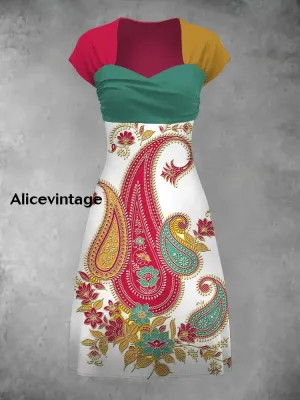 Retro Bohemian Style Art Print Elegant Chic Short-Sleeved Temperament Dress