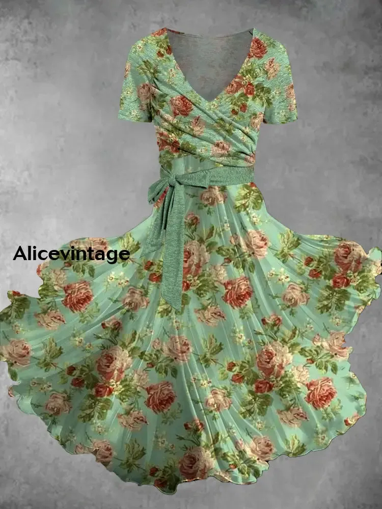 Retro Bohemian Style Floral Art Print V-Neck Short-Sleeved Two-Piece Mid-Length Dress