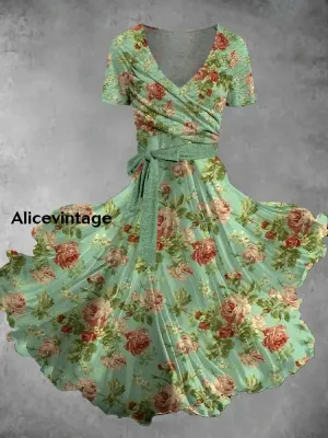 Retro Bohemian Style Floral Art Print V-Neck Short-Sleeved Two-Piece Mid-Length Dress