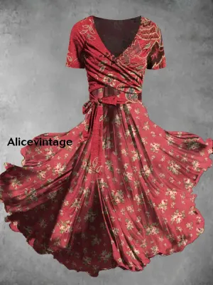 Retro Bohemian Style Floral Art Print V-Neck Short-Sleeved Two-Piece Mid-Length Dress