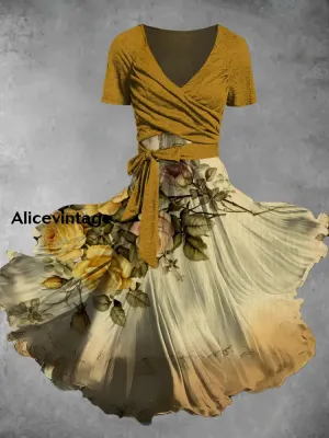Retro Bohemian Style Floral Art Print V-Neck Short-Sleeved Two-Piece Mid-Length Dress