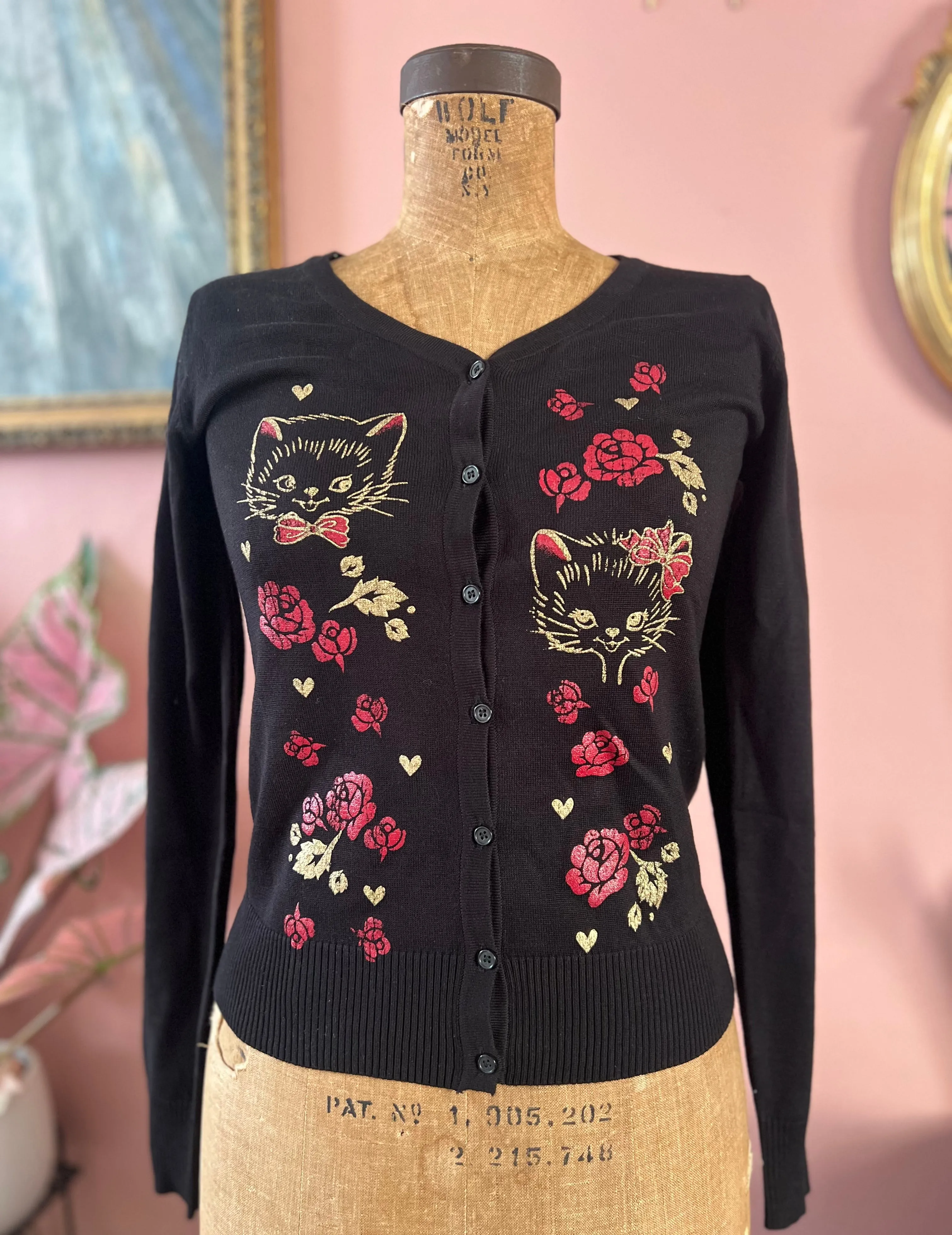 RETRO KITTEN V NECK CARDIGAN *BLACK