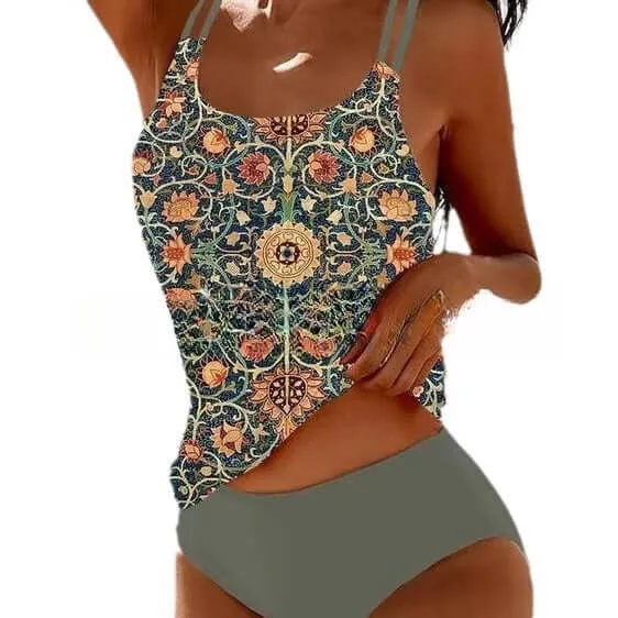 Retro Split High Waist Bikini Beach Print Strap Swimsuit