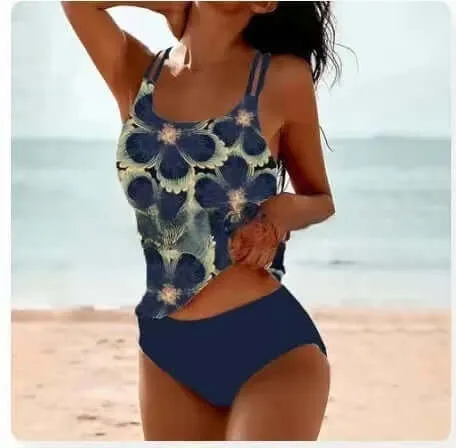 Retro Split High Waist Bikini Beach Print Strap Swimsuit