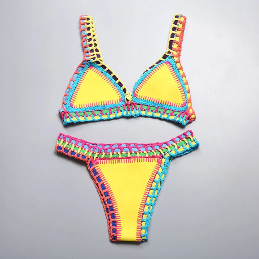Reversible Neoprene Crochet Banded Triangle Bikini Set - Yellow