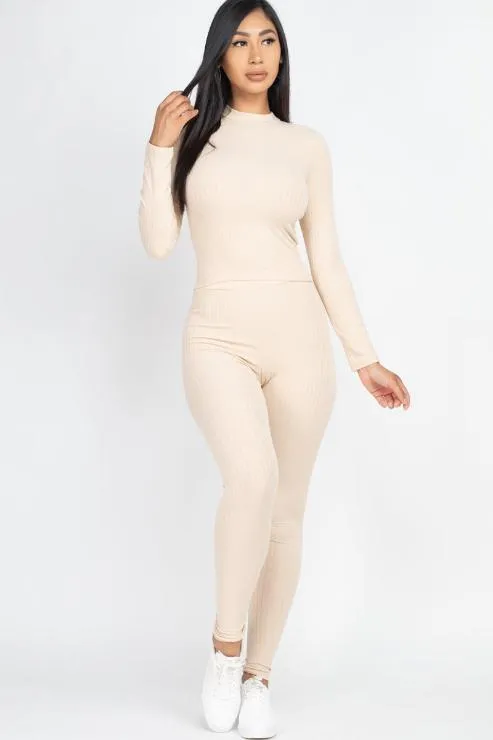 Ribbed Mock Neck Long Sleeve Top & Leggings Set