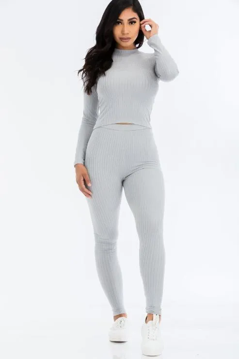 Ribbed Mock Neck Long Sleeve Top & Leggings Set