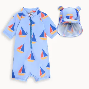 Riki  & Regatta Set - Blue Sailboat Baby & Kids Rash Suit & Hat Set